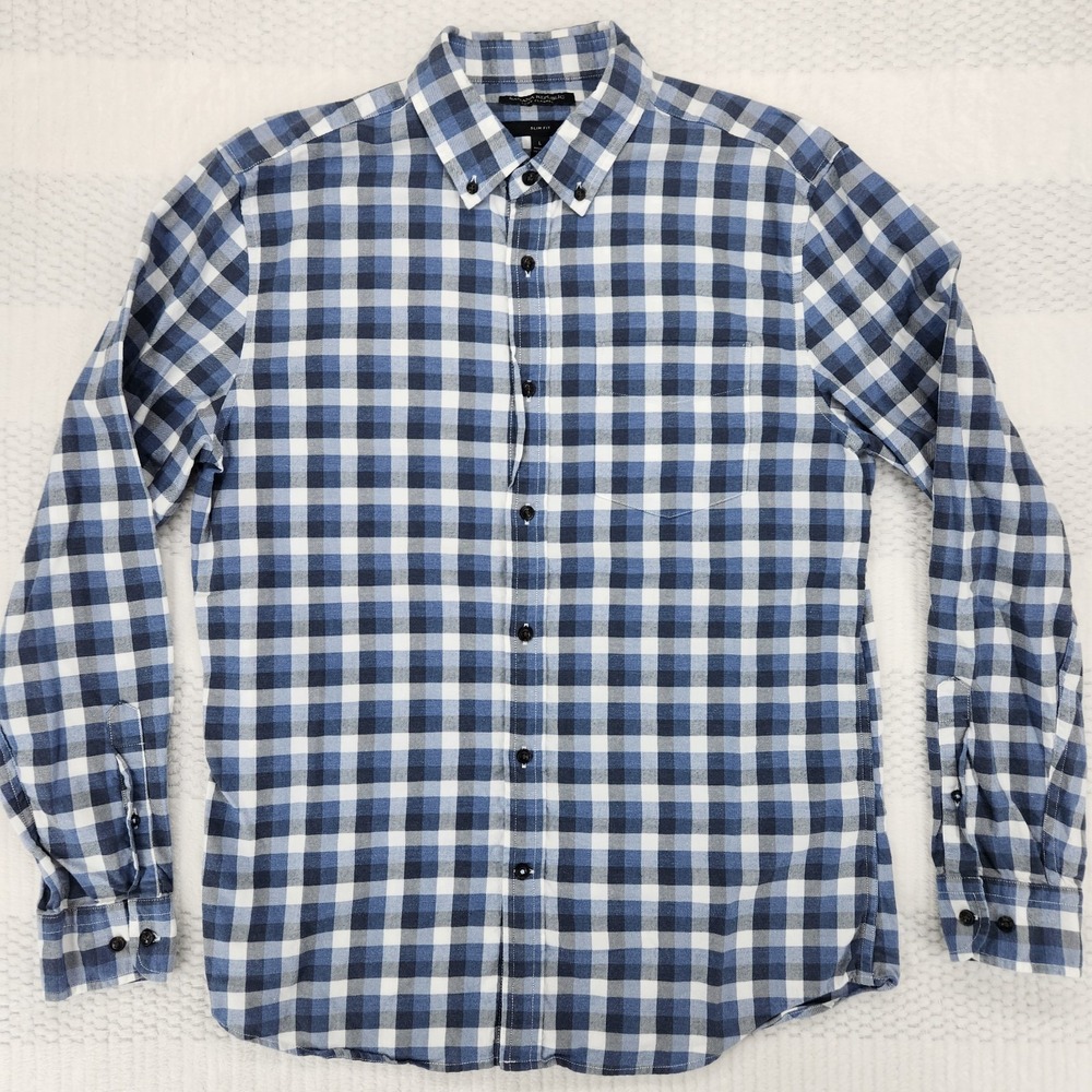 Banana Republic Luxe Flannel Shirt Mens Large Blue Black Plaid Untucked Slim Fit